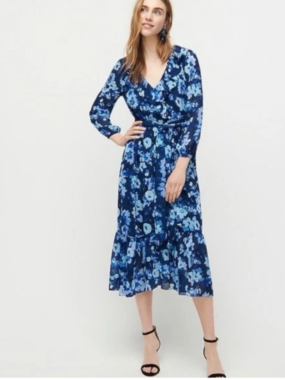 J. Crew Ruffle Wrap Dress Watercolor Begonias Print Meadow Blue Size 14